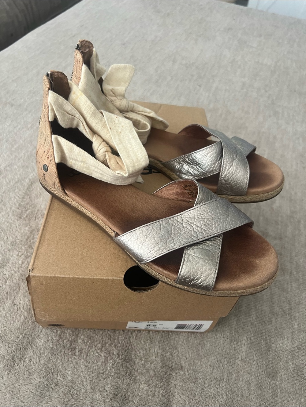 UGG Metallic Silver Espadrille Sandals with Cream Ankle Tie